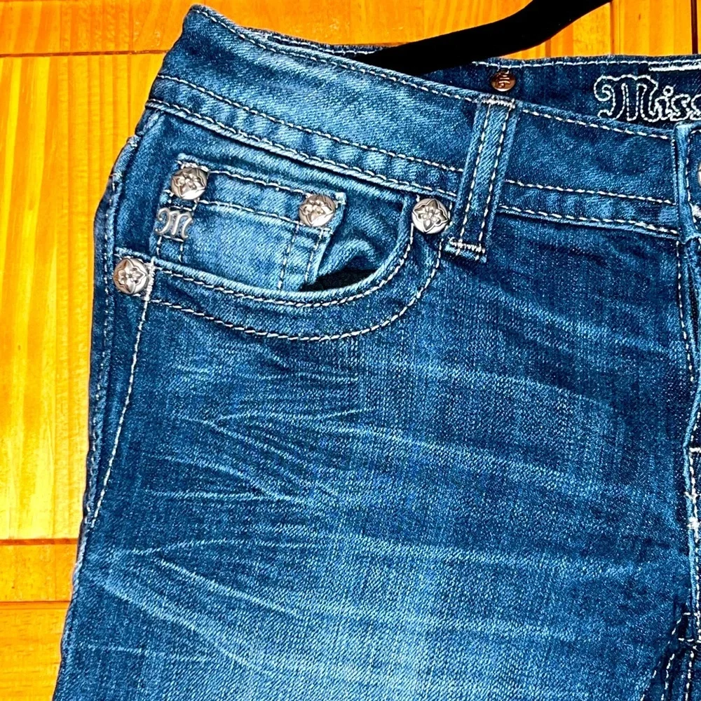 Miss Me Medium Long Denim Shorts with Canvas and Rhinestones Size 27 NWOT